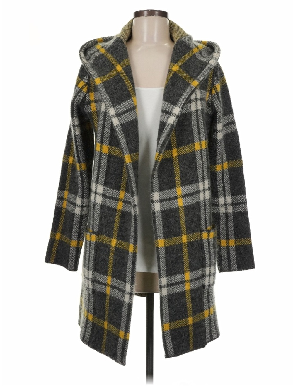 Tahari Plaid wool Open Front Hooded Cardigan Coat Gray Yellow SZ Med